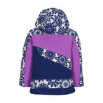 Obermeyer Junior's Carnia Insulated Jacket 2025 - A navy blue jacket with a white snowflake pattern and a hood, featuring a zipper closure on the front.