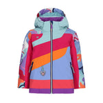 Obermeyer Junior's Carnia Insulated Jacket 2025 - A vibrant, multicolored ski jacket with a mix of purple, pink, and orange hues, featuring a hood and zippered pockets.