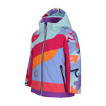 Obermeyer Junior's Carnia Insulated Jacket 2025 - A multicolored jacket with a purple and pink abstract pattern, featuring a hood and zipper closure.