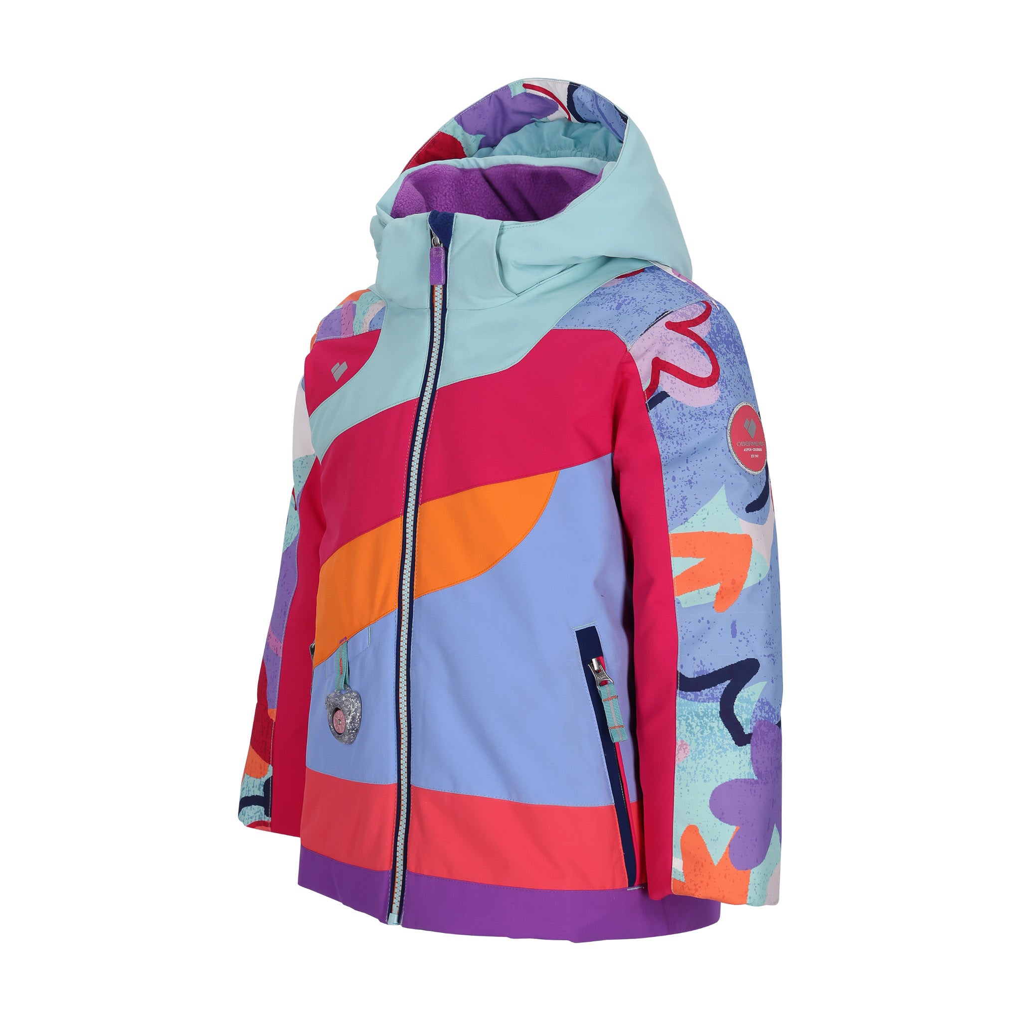 Obermeyer Junior's Carnia Insulated Jacket 2025 - A multicolored jacket with a purple and pink abstract pattern, featuring a hood and zipper closure.