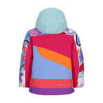 Obermeyer Junior's Carnia Insulated Jacket 2025 - A vibrant, multicolored ski jacket with a bold abstract pattern of purple, pink, and orange shapes on the back and sleeves.