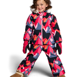 Girls' insulated jacket with faux-fur hood, geometric pink/red and navy print