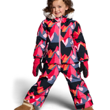 Girls' insulated jacket with faux-fur hood, geometric pink/red and navy print