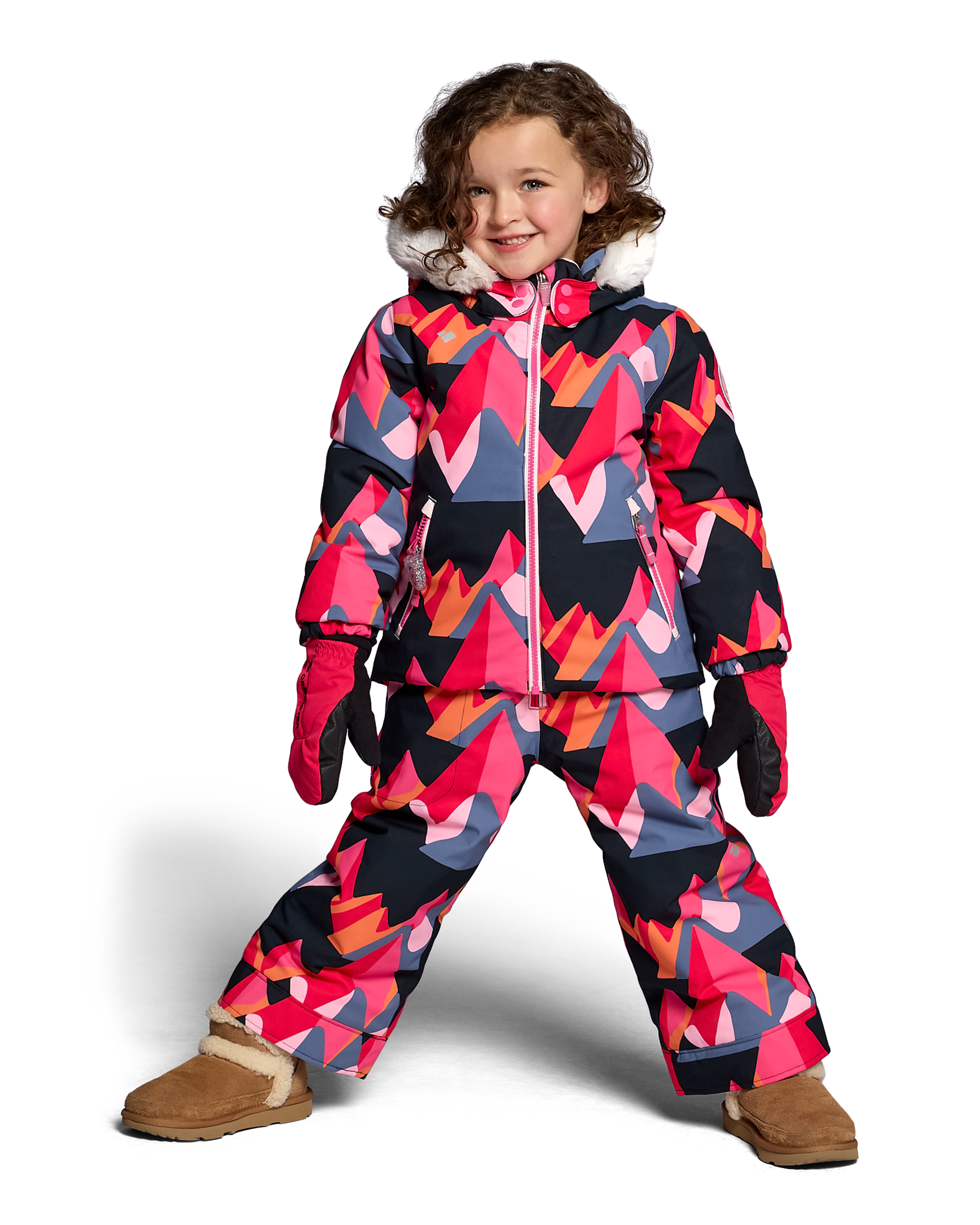 Girls' insulated jacket with faux-fur hood, geometric pink/red and navy print