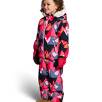 Girls' insulated jacket with faux-fur hood, full-zip front, geometric pink and navy print
