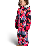 Girls' insulated jacket with faux-fur hood, full-zip front, geometric pink and navy print
