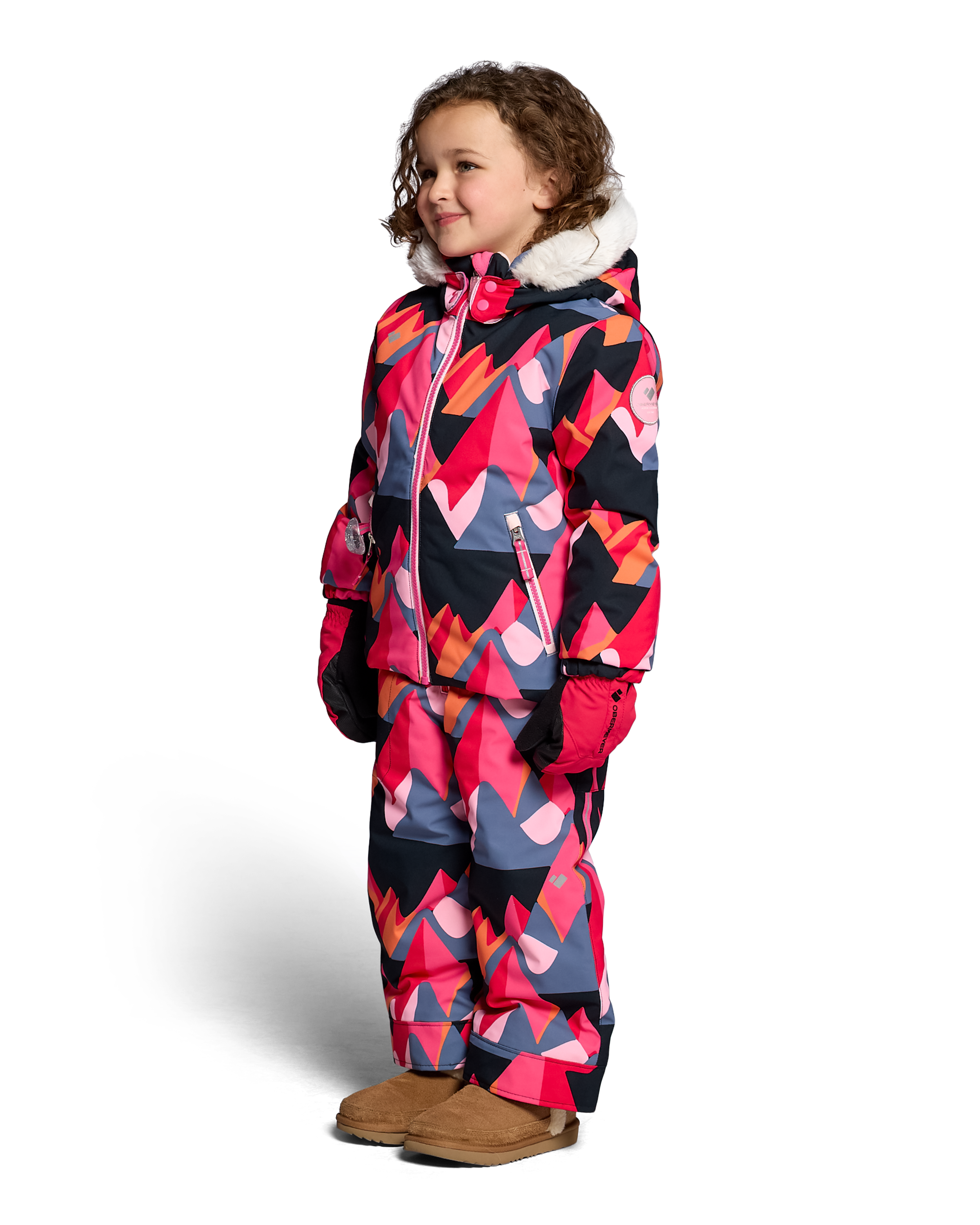 Girls' insulated jacket with faux-fur hood, full-zip front, geometric pink and navy print