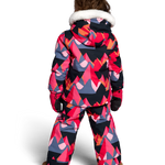 Girls' insulated jacket with faux-fur hood, allover geometric pink and navy print (back view)
