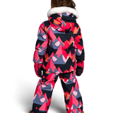 Girls' insulated jacket with faux-fur hood, allover geometric pink and navy print (back view)