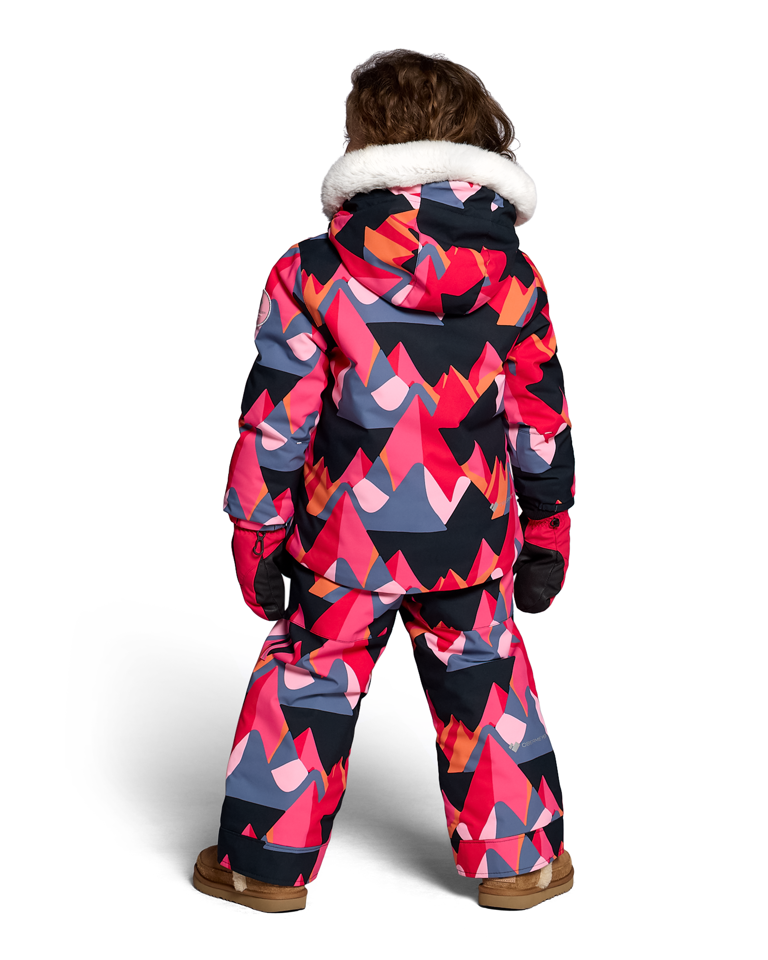 Girls' insulated jacket with faux-fur hood, allover geometric pink and navy print (back view)
