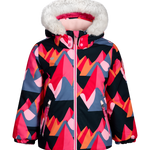 Girls' insulated jacket with faux-fur hood, front zipper, geometric pink/red and navy pattern