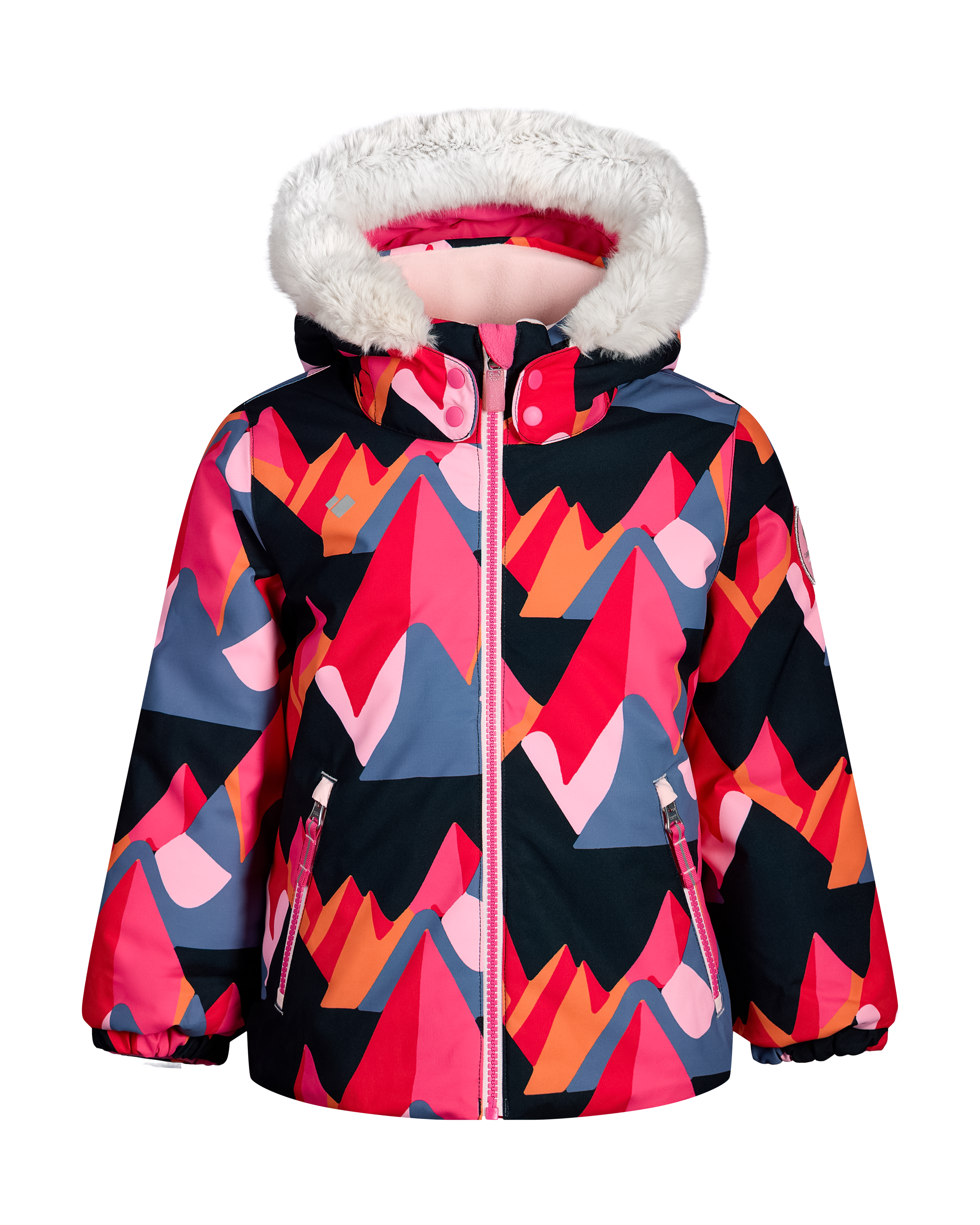 Girls' insulated jacket with faux-fur hood, front zipper, geometric pink/red and navy pattern