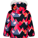 Girls' insulated jacket hood with faux fur, geometric pink and navy allover pattern