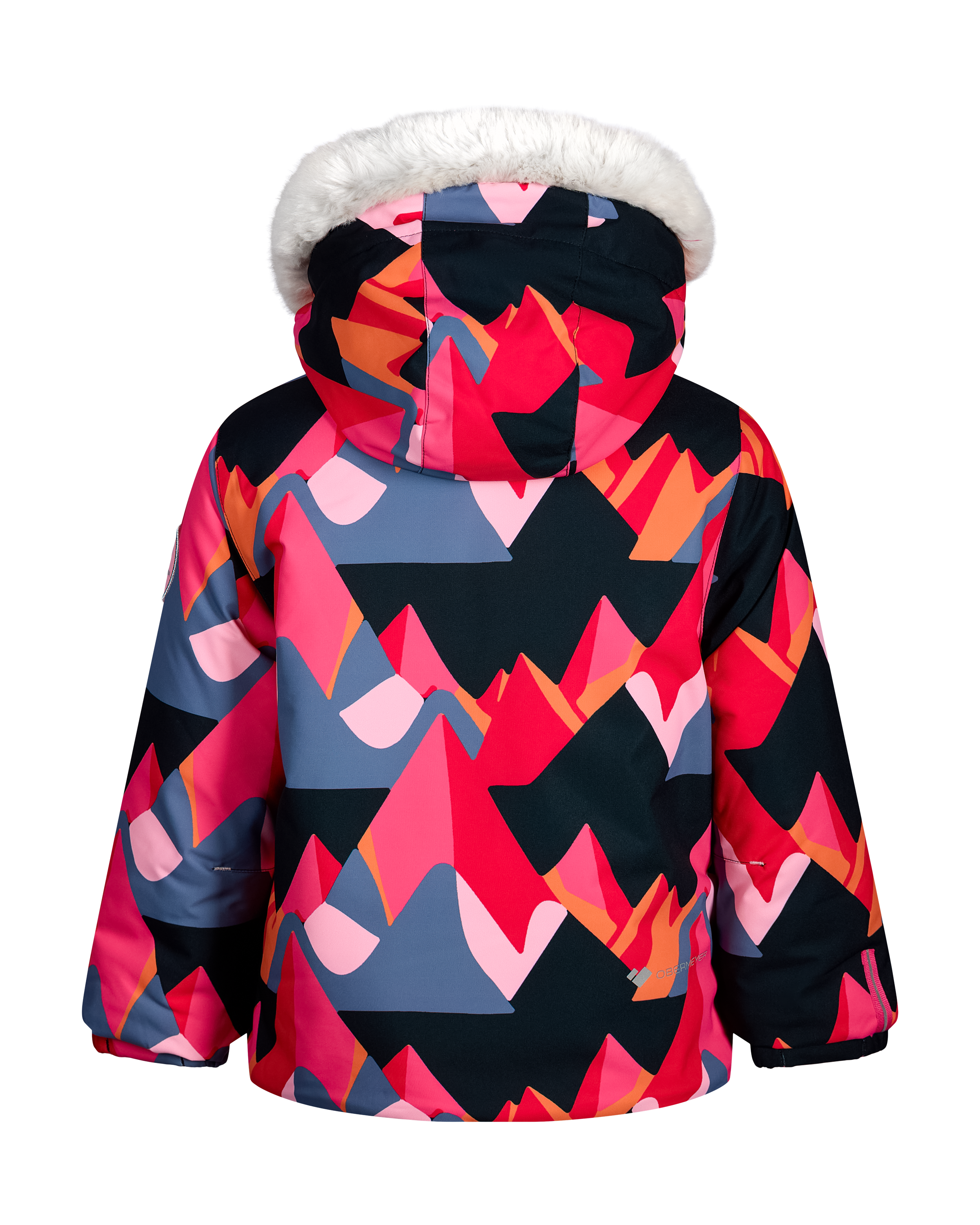 Girls' insulated jacket hood with faux fur, geometric pink and navy allover pattern