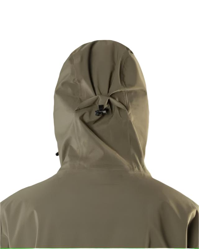 Beyond Medals Cargo Shell 2L Jacket 2025 - A khaki-colored jacket with a hood, featuring two zippered pockets on the front and a cargo pocket on one side.