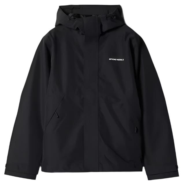 Beyond Medals The Jacket Shell 2025 - A black jacket with a hood and two zippered pockets on either side, featuring a white logo on the left chest area.