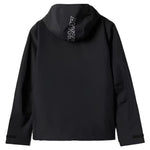 Beyond Medals The Jacket Shell 2025 - A black jacket with a hood, featuring white lettering on the back and sleeve cuffs.