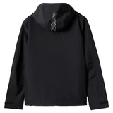 Beyond Medals The Jacket Shell 2025 - A black jacket with a hood, featuring white lettering on the back and sleeve cuffs.