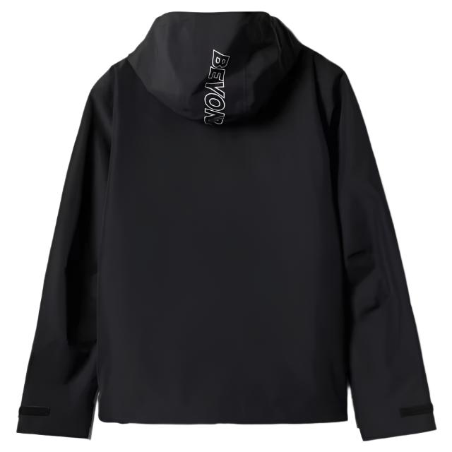 Beyond Medals The Jacket Shell 2025 - A black jacket with a hood, featuring white lettering on the back and sleeve cuffs.