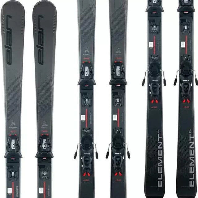 Elan Element 74 Black LS Skis with EL10 Bindings - Pair of black skis with red bindings and white lettering on top.