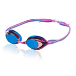 Speedo Women's Vanquisher 2.0 Mirrored Swim Goggle - A pair of mirrored swim goggles with a sleek, modern design and a subtle pink hue on the strap.