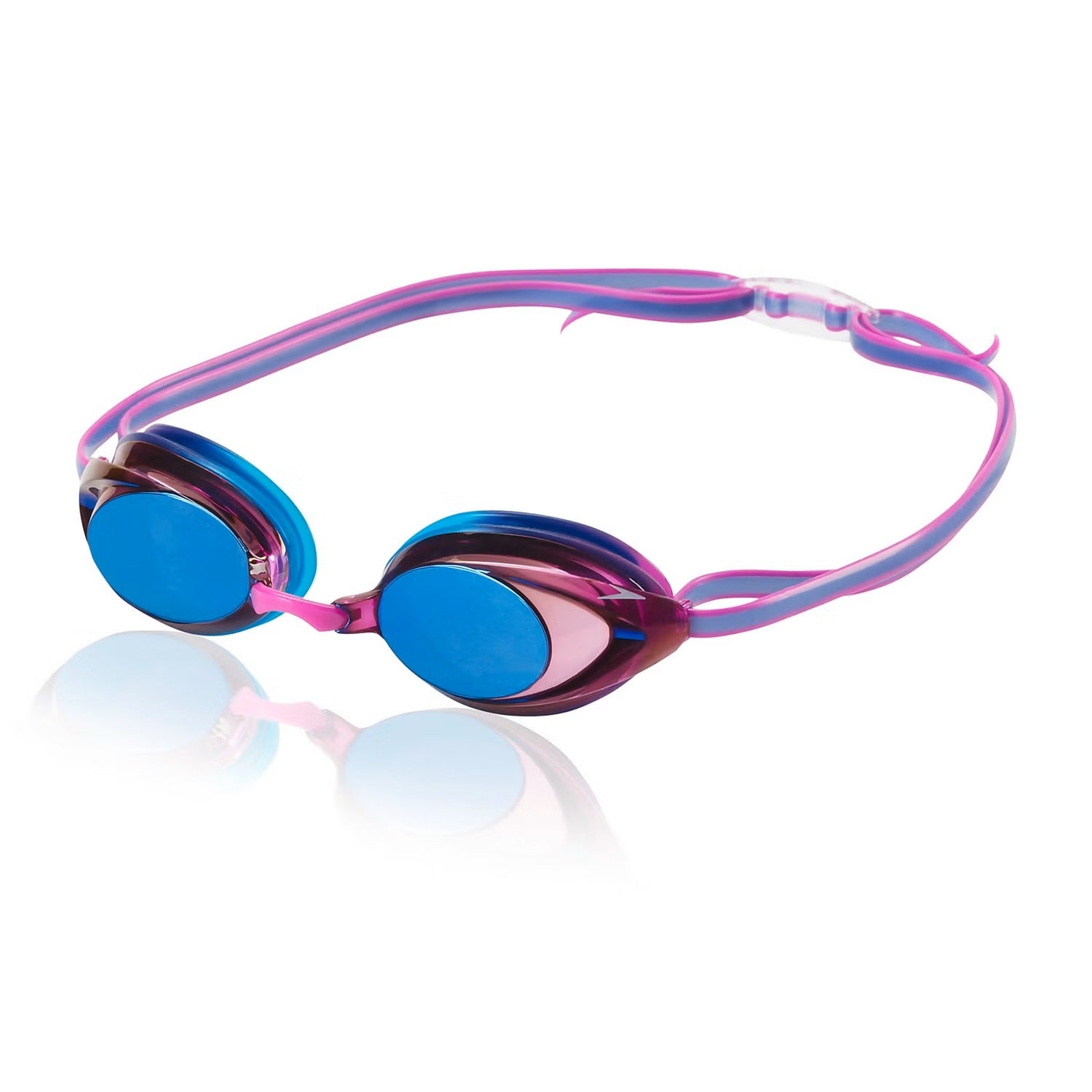 Speedo Women's Vanquisher 2.0 Mirrored Swim Goggle - A pair of mirrored swim goggles with a sleek, modern design and a subtle pink hue on the strap.