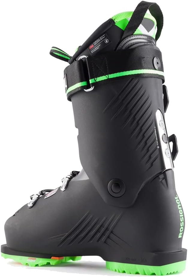 Rossignol Hi-Speed 120 HV Ski Boots 2024 - Black ski boots with silver buckles and a green accent on top of the tongue.