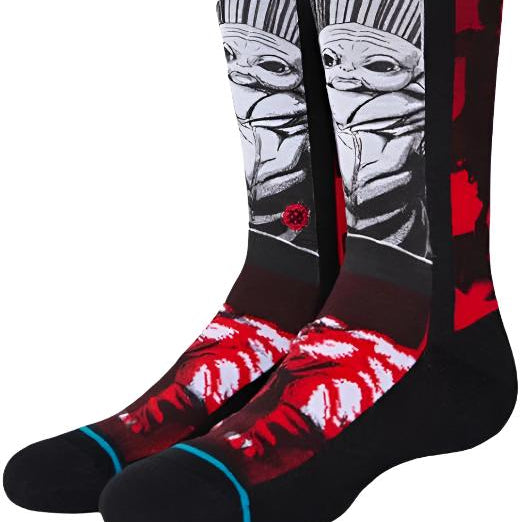 MANGA MUDHORN KIDS CREW SK 2022 - A pair of crew socks with a manga-style design featuring a mudhorn character in black and white, set against a red background.