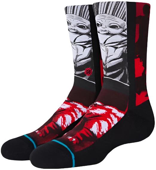MANGA MUDHORN KIDS CREW SK 2022 - A pair of crew socks with a manga-style design featuring a mudhorn character in black and white, set against a red background.