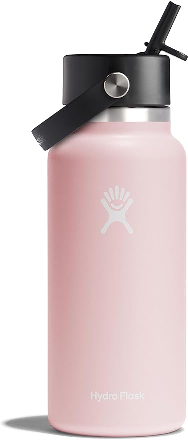 Hydro Flask 32oz Wide Mouth Bottle with Flex Straw - A light-colored water bottle with a wide mouth and a black flex straw lid.