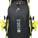 Head Kore Backpack 2023 - Black backpack with white logo on front, zippered pockets, and adjustable straps.