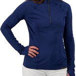 Obermeyer Women's DISCOVER 1/4 ZIP TOP 2022 - A navy blue zip-up top with a high collar and long sleeves.