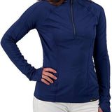 Obermeyer Women's DISCOVER 1/4 ZIP TOP 2022 - A navy blue zip-up top with a high collar and long sleeves.