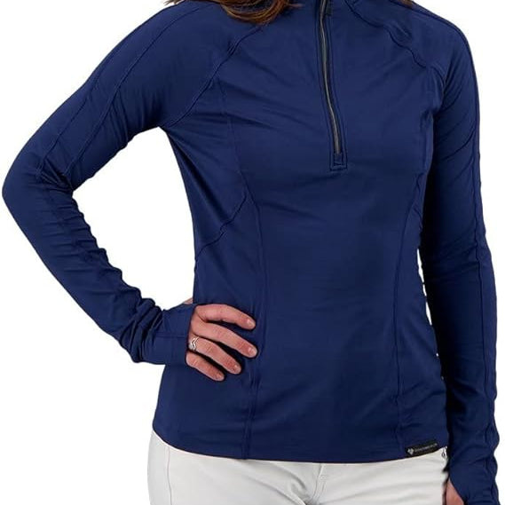 Obermeyer Women's DISCOVER 1/4 ZIP TOP 2022 - A navy blue zip-up top with a high collar and long sleeves.