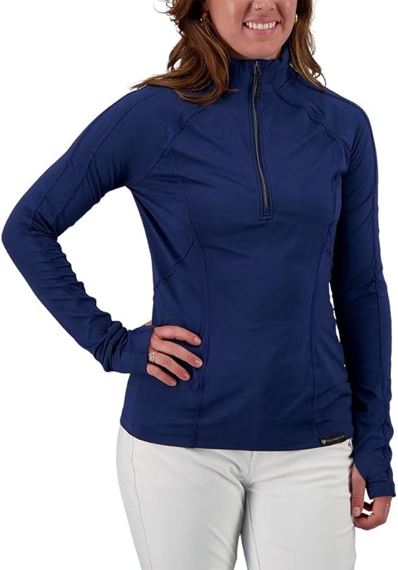 Obermeyer Women's DISCOVER 1/4 ZIP TOP 2022 - A navy blue zip-up top with a high collar and long sleeves.