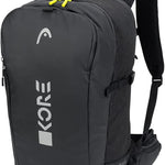 Head Kore Backpack 2023 - A black backpack with a white logo on the front, featuring a zippered pocket and adjustable straps.