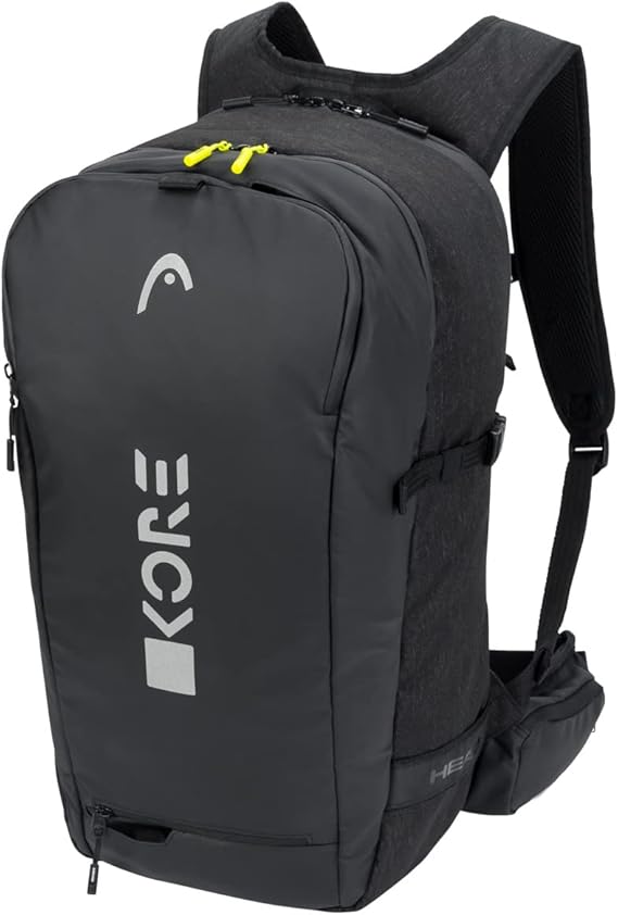 Head Kore Backpack 2023 - A black backpack with a white logo on the front, featuring a zippered pocket and adjustable straps.