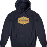 WORKWEAR PO HOODIE MEN'S 2023 - A navy blue hoodie with a large white logo on the chest featuring a stylized "PO" design.