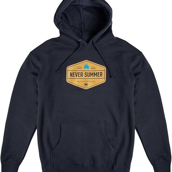 WORKWEAR PO HOODIE MEN'S 2023 - A navy blue hoodie with a large white logo on the chest featuring a stylized "PO" design.