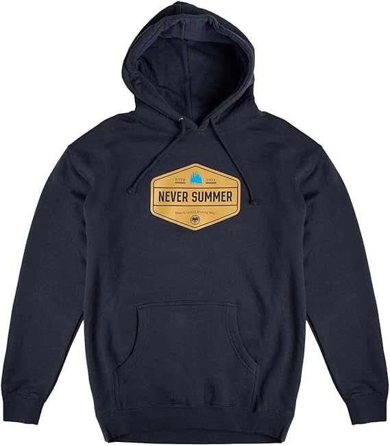 WORKWEAR PO HOODIE MEN'S 2023 - A navy blue hoodie with a large white logo on the chest featuring a stylized "PO" design.