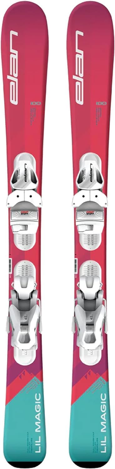 Elan Girls Lil Magic Skis with EL 4.5 Bindings 2023 - A pair of skis with a pink base and white bindings, featuring the brand name "ELAN" on the top of each ski.