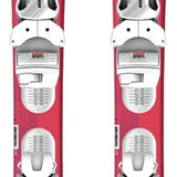 Elan Girls Lil Magic Skis with EL 4.5 Bindings 2023 - A pair of skis with a pink base and white bindings, featuring the brand name "ELAN" on the top of each ski.