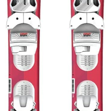 Elan Girls Lil Magic Skis with EL 4.5 Bindings 2023 - A pair of skis with a pink base and white bindings, featuring the brand name "ELAN" on the top of each ski.
