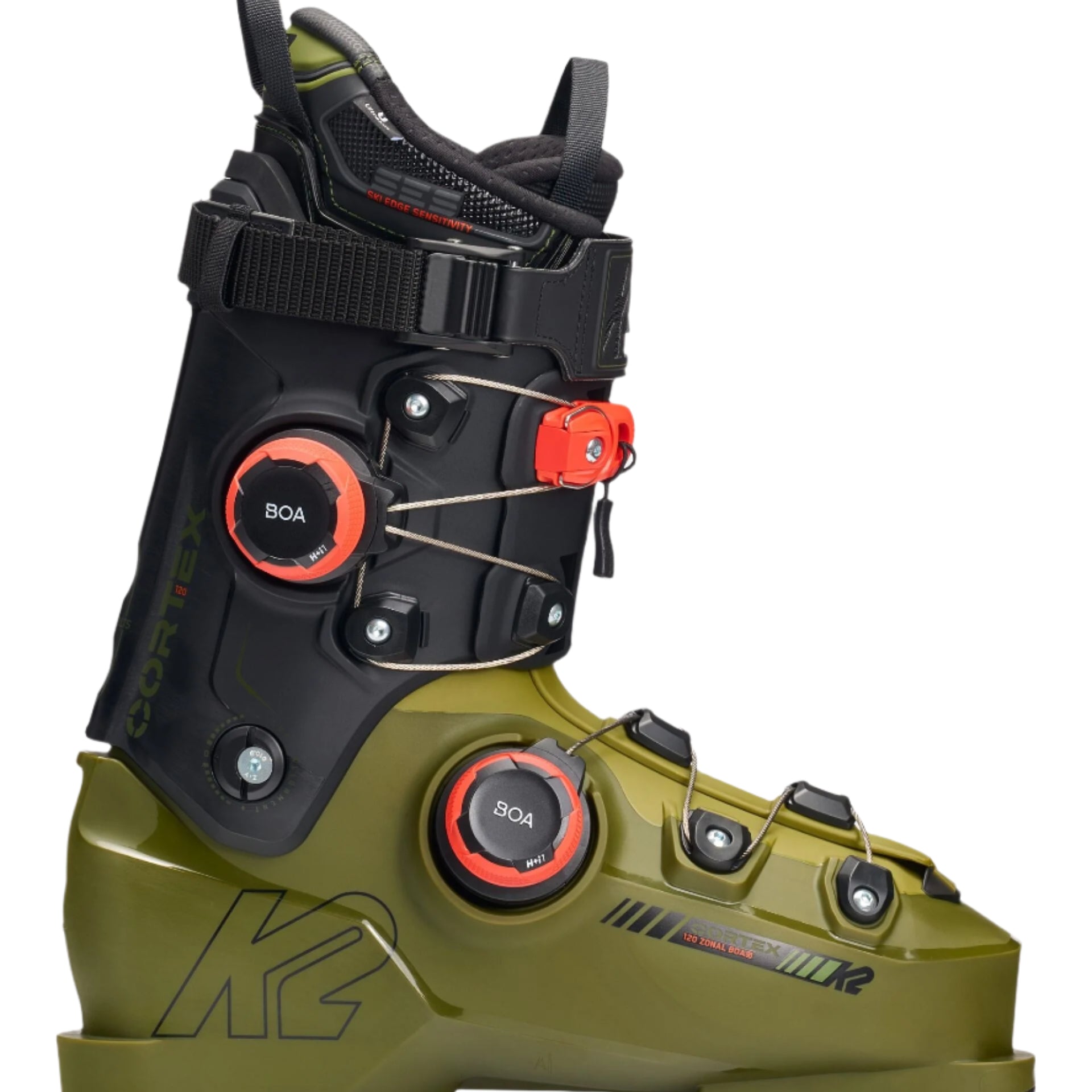 K2 Cortex 120 Zonal BOA ski boots feature a green color scheme and distinctive design.