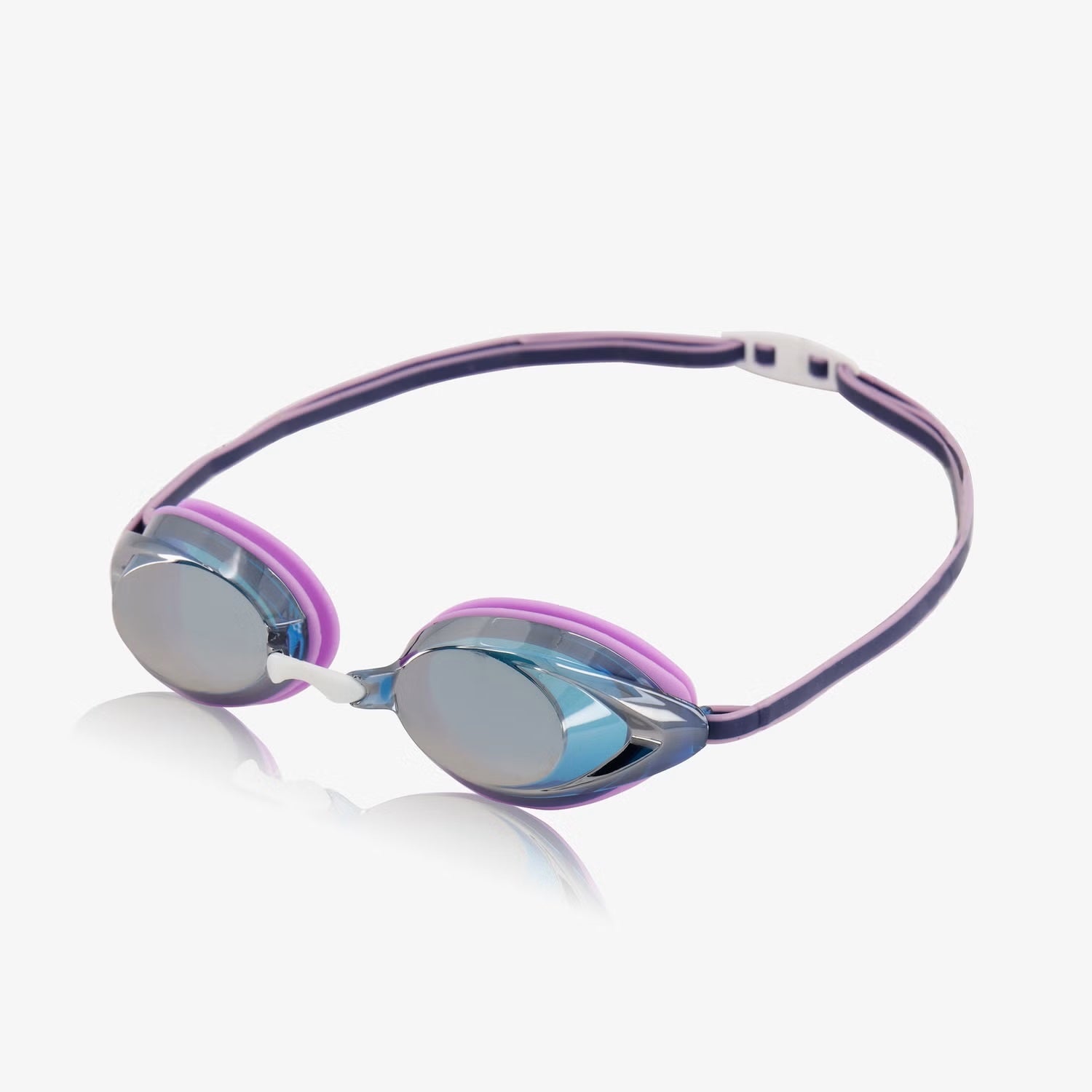 Speedo Women's Vanquisher 2.0 Mirrored Swim Goggle - A pair of mirrored swim goggles with a purple strap and silver lenses.