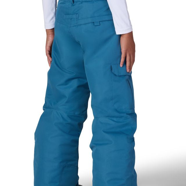 Boys insulated cargo snow pants in blue with rear/side flap pockets and reinforced knees