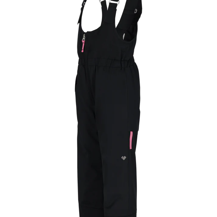 Obermeyer Junior's Snoverall Insulated Bib Pant 2025 - Black bib pant with pink zipper and adjustable straps.