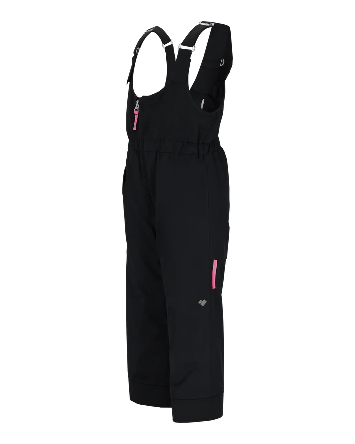 Obermeyer Junior's Snoverall Insulated Bib Pant 2025 - Black bib pant with pink zipper and adjustable straps.