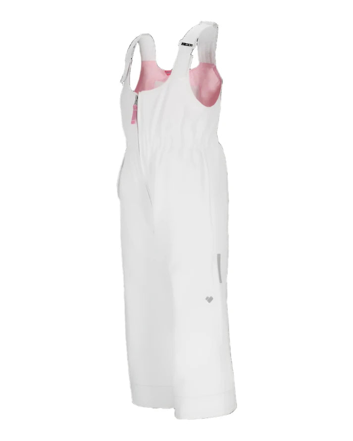Obermeyer Junior's Snoverall Insulated Bib Pant 2025 - White snow bib overall with pink interior and adjustable shoulder straps.