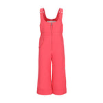 Obermeyer Junior's Snoverall Insulated Bib Pant 2025 - A pair of bright coral-colored snow pants with adjustable straps and a zippered fly, featuring a bib design that covers the torso and legs.